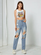 Pantalon droit délavé avec trous cassés, jean taille haute